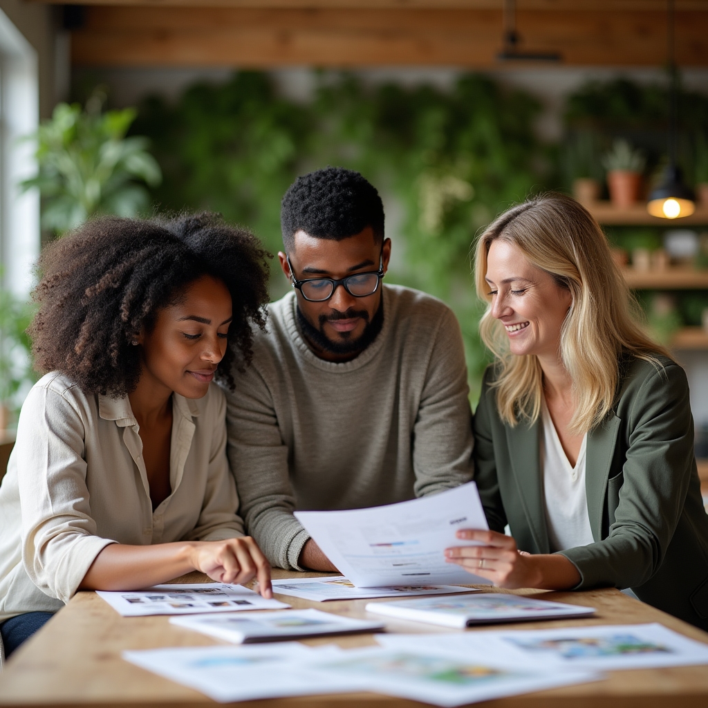 Kleines Team bespricht Lernmaterialien in hellem Loft-Büro